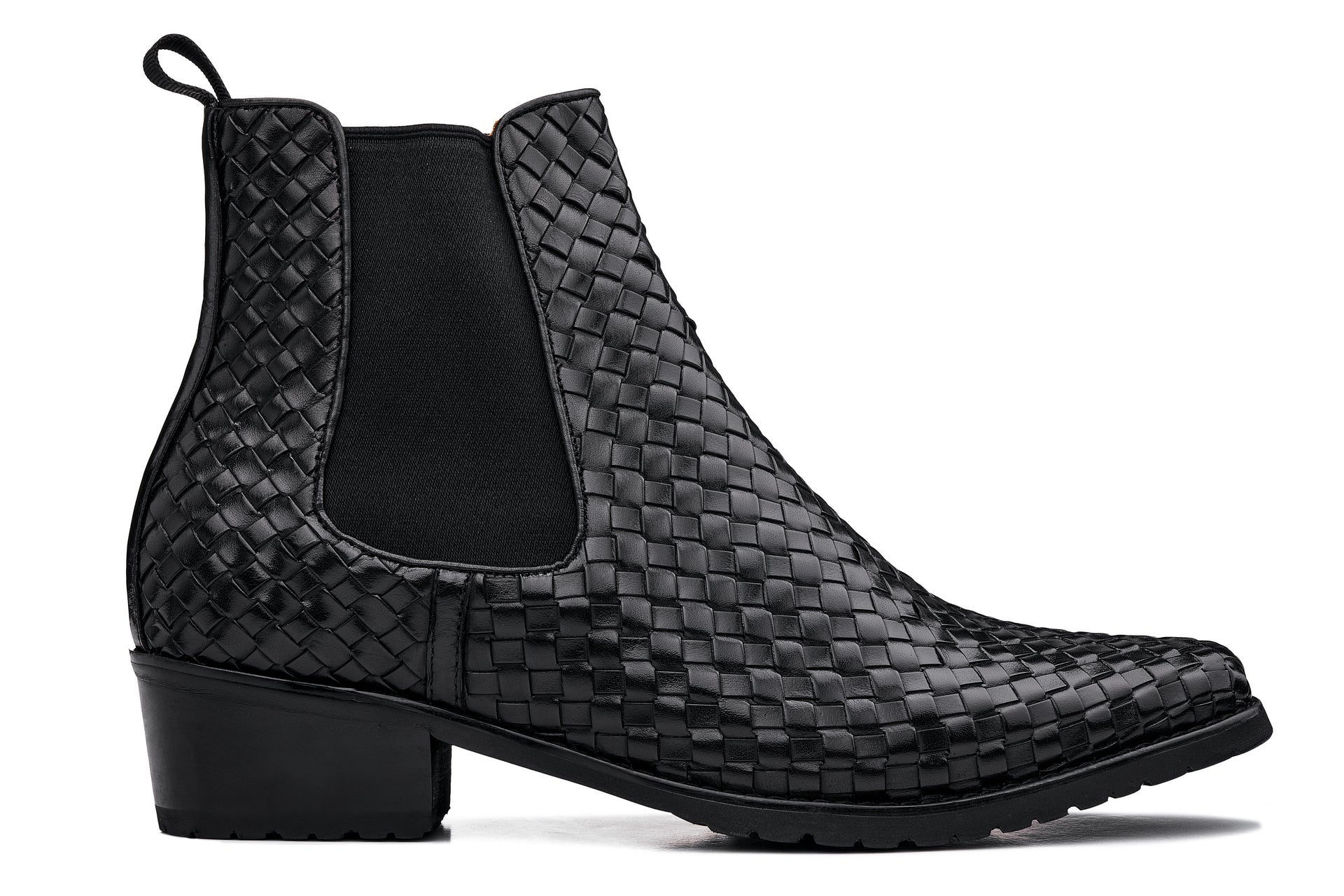 CALTO - K30521 - 3.3 Inches Taller (Black) - Woven Slip-On High-Top Chelsea Ankle Boots Tallmenshoes.com
