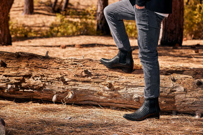 CALTO - K30521 - 3.3 Inches Taller (Black) - Woven Slip-On High-Top Chelsea Ankle Boots Tallmenshoes.com