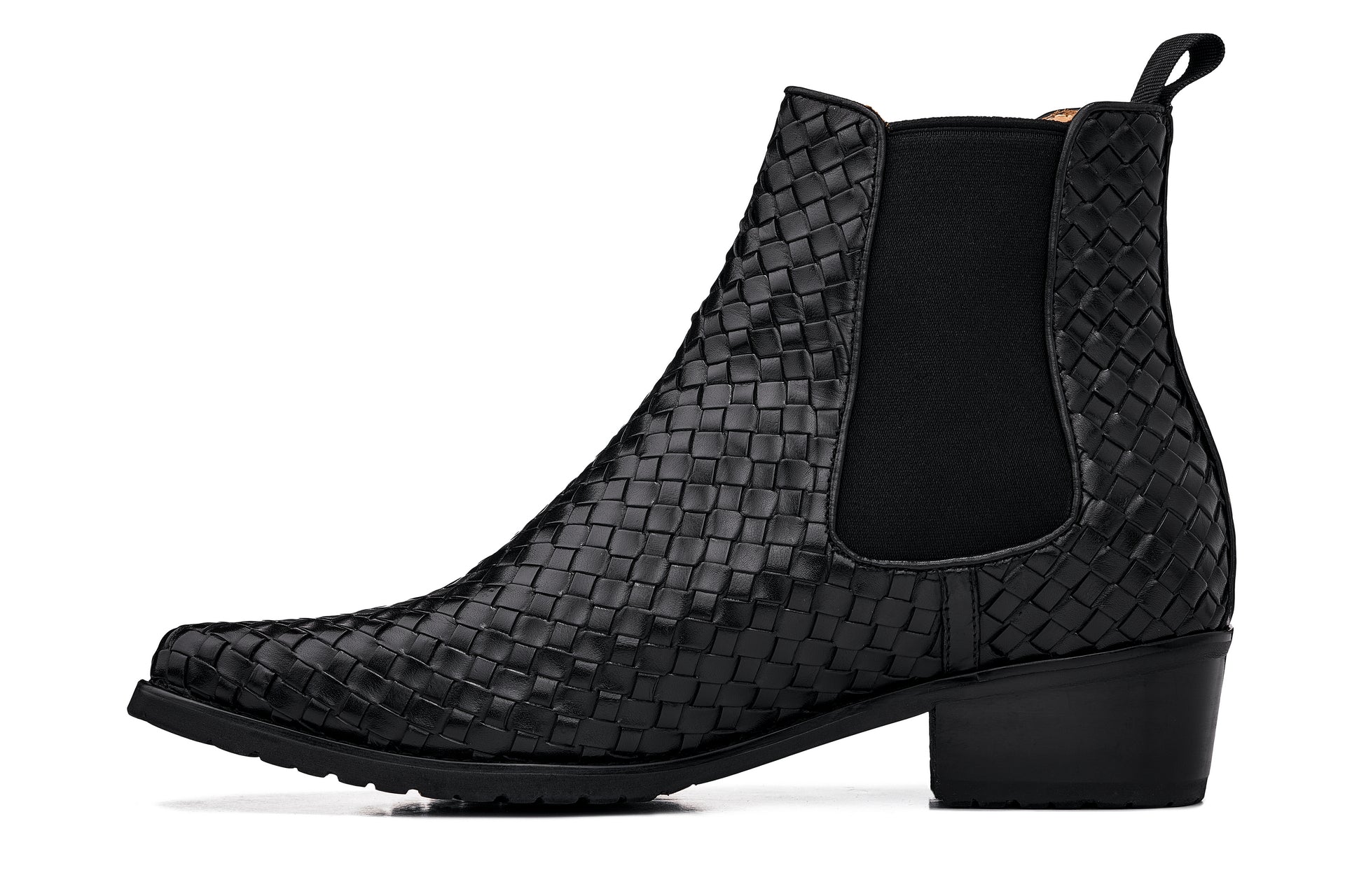 CALTO - K30521 - 3.3 Inches Taller (Black) - Woven Slip-On High-Top Chelsea Ankle Boots Tallmenshoes.com