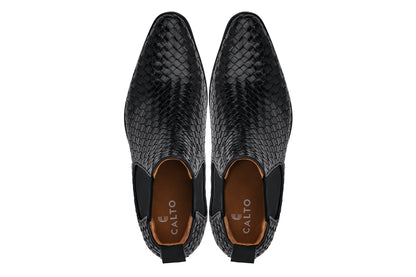 CALTO - K30521 - 3.3 Inches Taller (Black) - Woven Slip-On High-Top Chelsea Ankle Boots Tallmenshoes.com