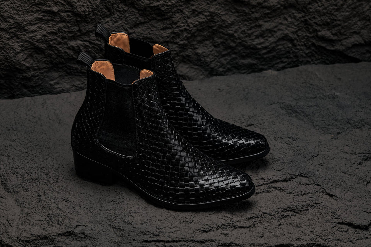 CALTO - K30521 - 3.3 Inches Taller (Black) - Woven Slip-On High-Top Chelsea Ankle Boots Tallmenshoes.com