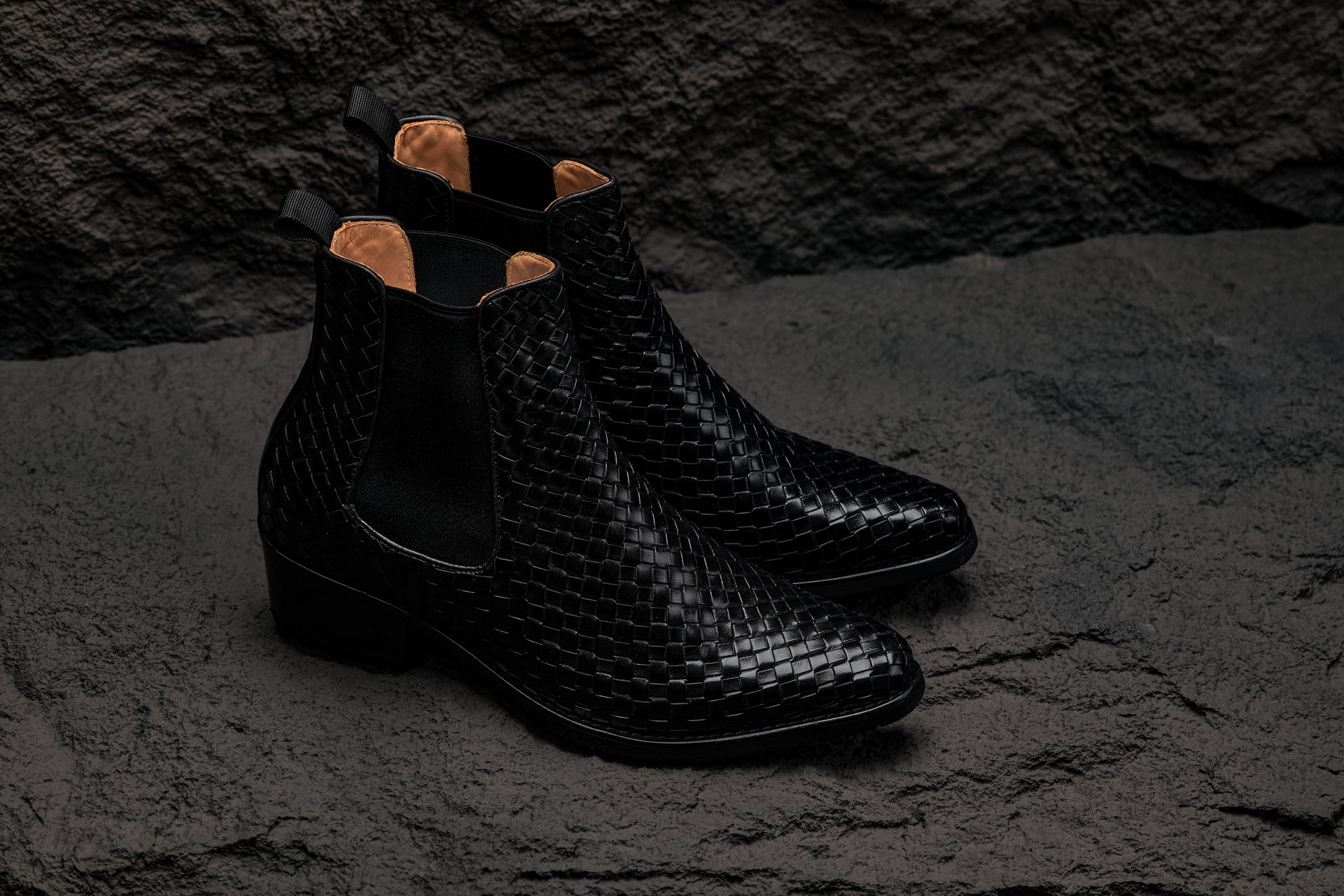 CALTO - K30521 - 3.3 Inches Taller (Black) - Woven Slip-On High-Top Chelsea Ankle Boots Tallmenshoes.com