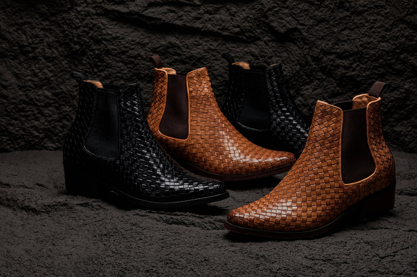 CALTO - K30521 - 3.3 Inches Taller (Black) - Woven Slip-On High-Top Chelsea Ankle Boots Tallmenshoes.com