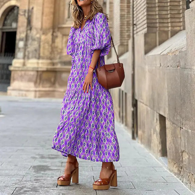 Women's Boho Floral Maxi Dress with Drawstring V Neck