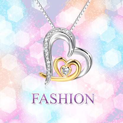 Double Heart Pendant, Gold-Plated Diamond Necklace, 925 Silver