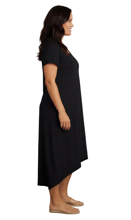 Women's Knit Wide Scoop Neck Short Sleeve Dress in A-line Asymmetrical Hem TURTLE BAY APPAREL