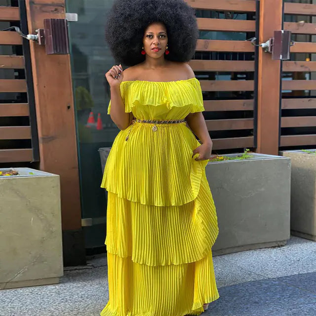 Plus Size Solid Color Off Shoulder Tiered Dress