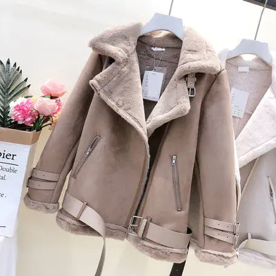 Lamb Wool Jacket, Thick Suede Leather Motorcycle Coat