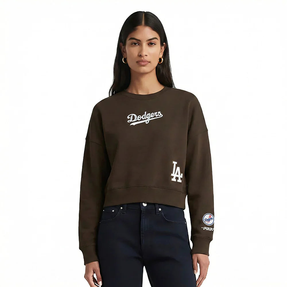 Pro Standard Womens LA Dodgers Cropped Wingspan Crewneck - Brown Denim Exchange