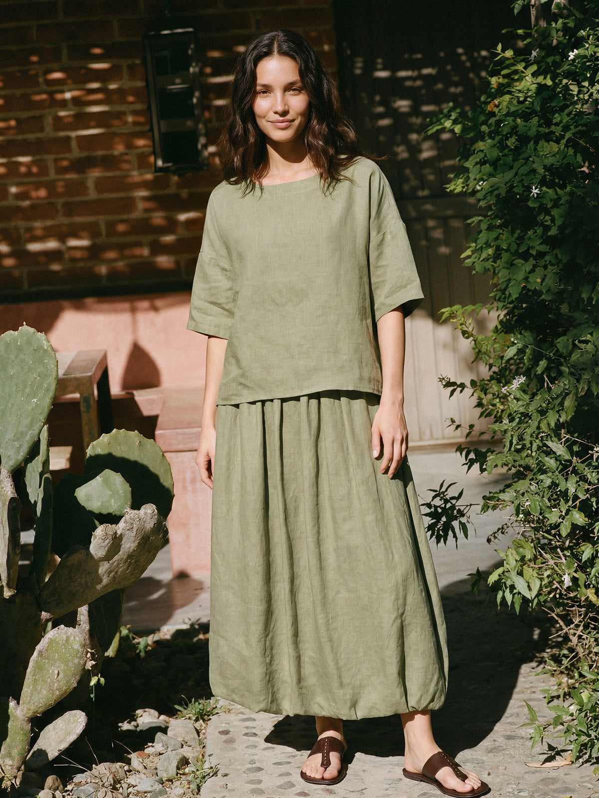 100% Linen Drop Shoulder Shirred Back High-Low Hem Top LINDSEY LINTICO