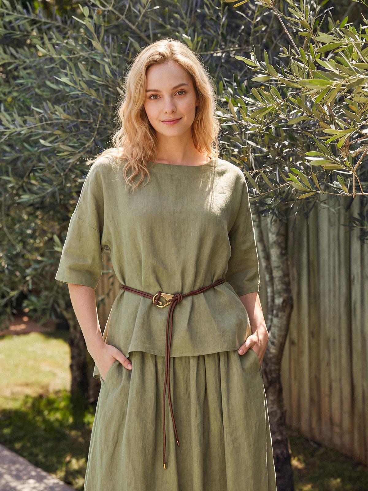 100% Linen Drop Shoulder Shirred Back High-Low Hem Top LINDSEY LINTICO