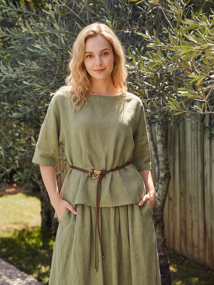 100% Linen Drop Shoulder Shirred Back High-Low Hem Top LINDSEY LINTICO