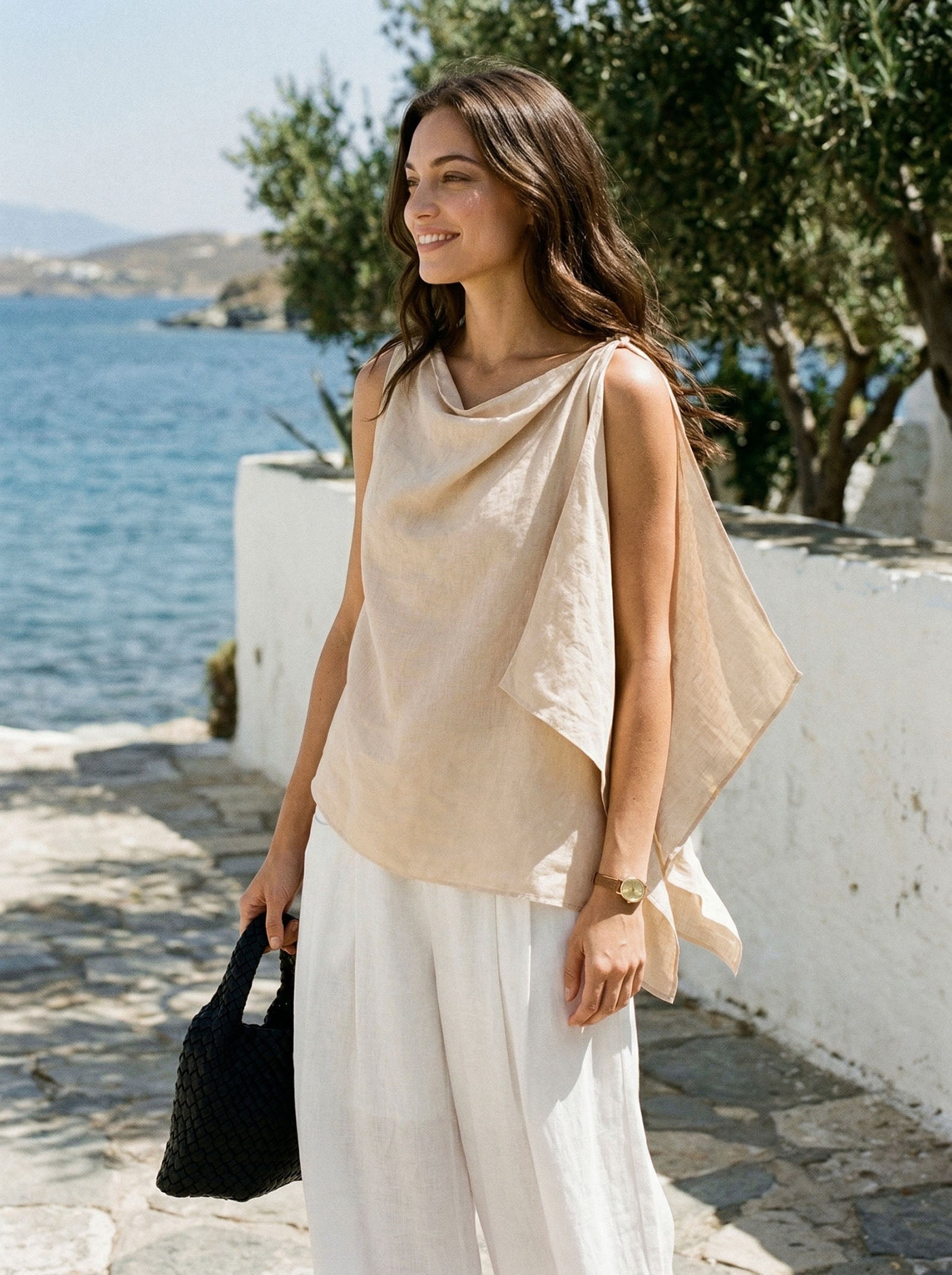 100% Linen Cowl-Neck Asymmetric Top LEVINA LINTICO