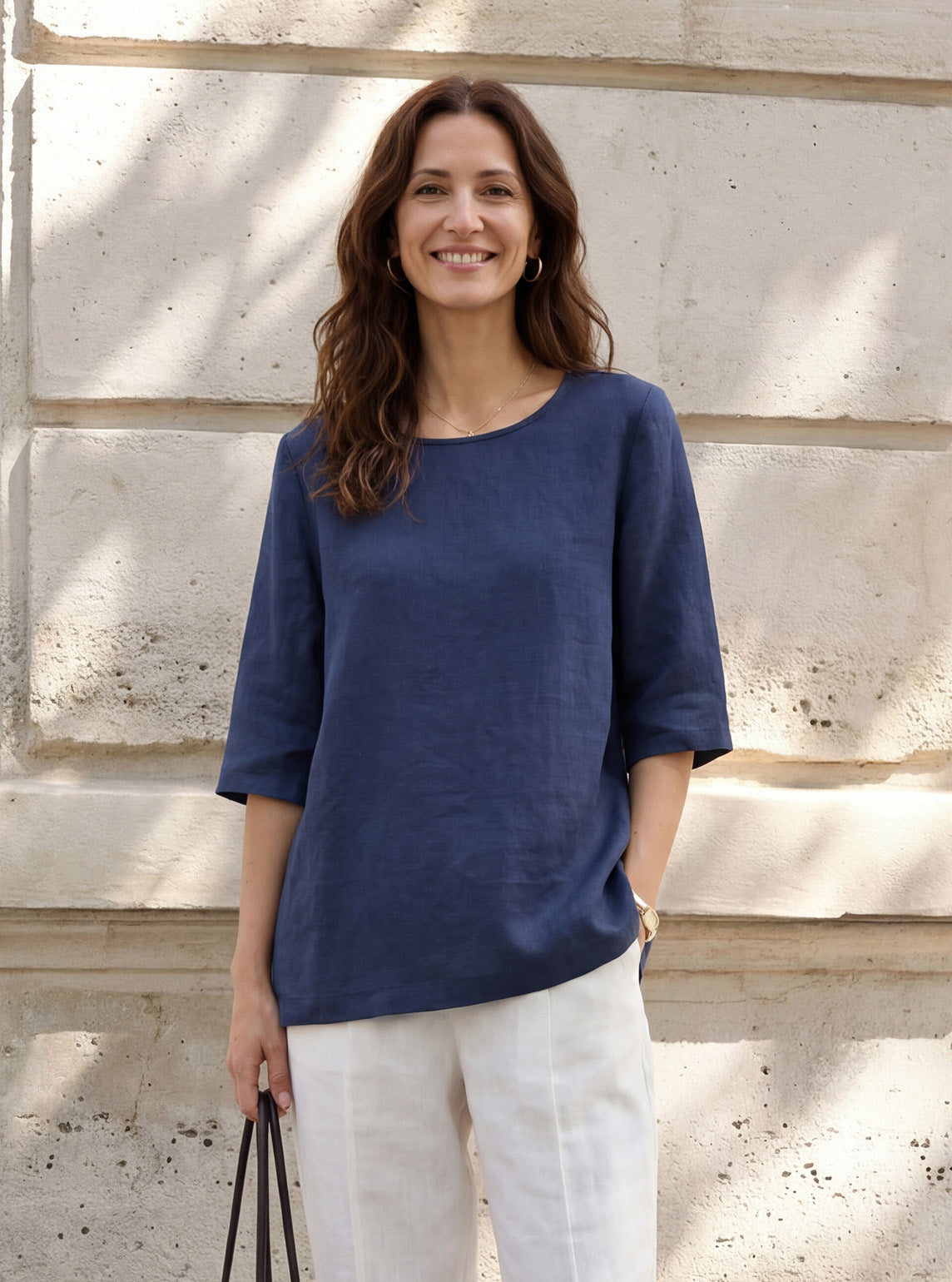 100% Linen Relaxed Back Button Top with Tab Sleeves SYLVANA LINTICO