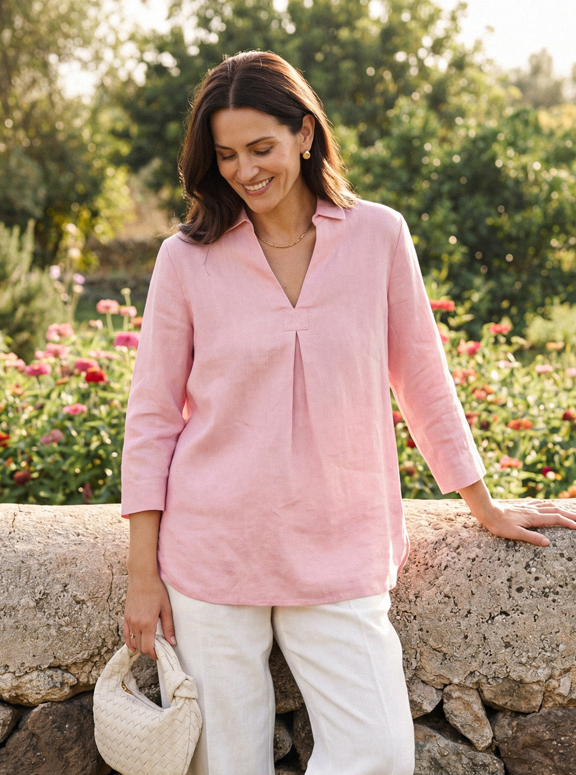 100% Linen Layered Lapel V-neck Sculpted Front Pleat Longline Top ODALYS LINTICO