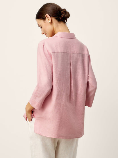 100% Linen Layered Lapel V-neck Sculpted Front Pleat Longline Top ODALYS LINTICO