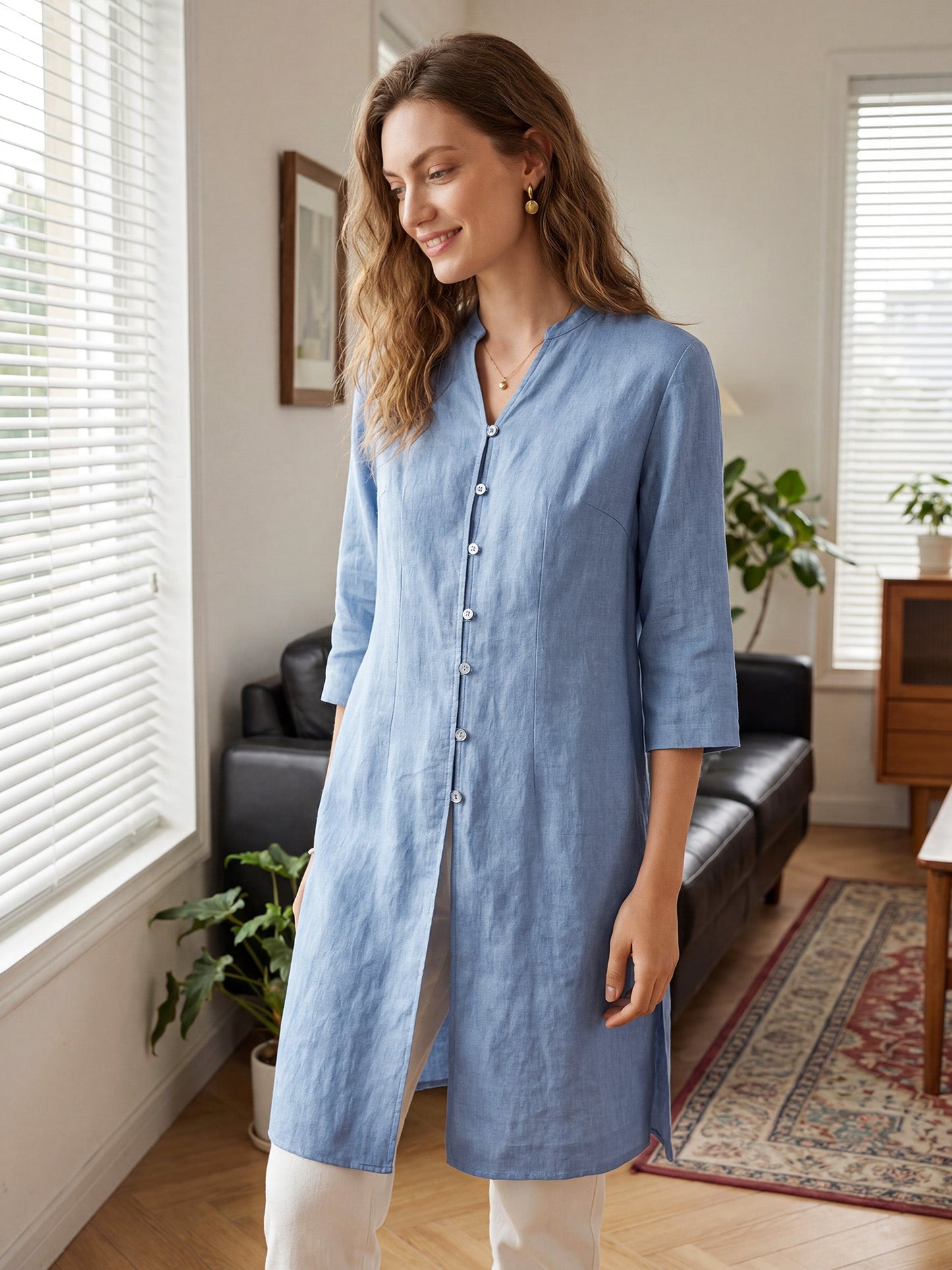 100% Linen Hand Button Long Top DILLON LINTICO