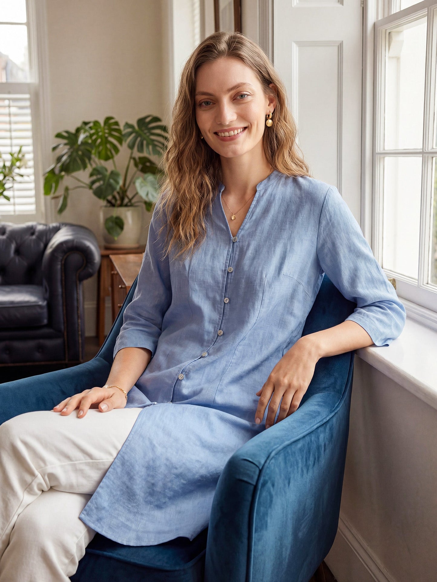 100% Linen Hand Button Long Top DILLON LINTICO