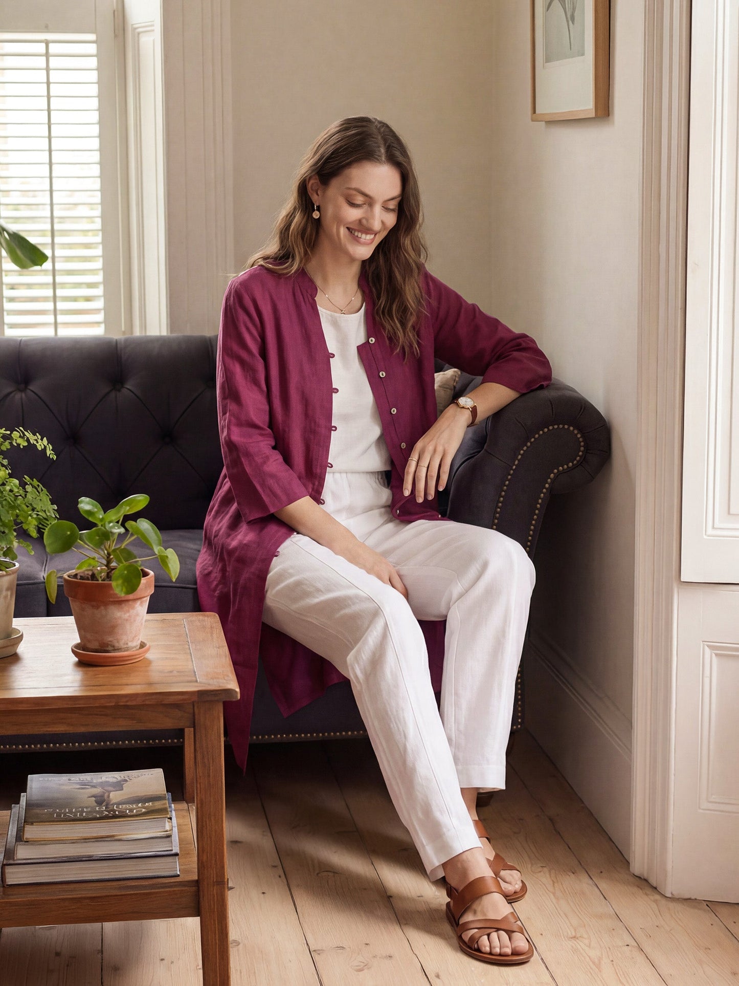 100% Linen Hand Button Long Top DILLON LINTICO