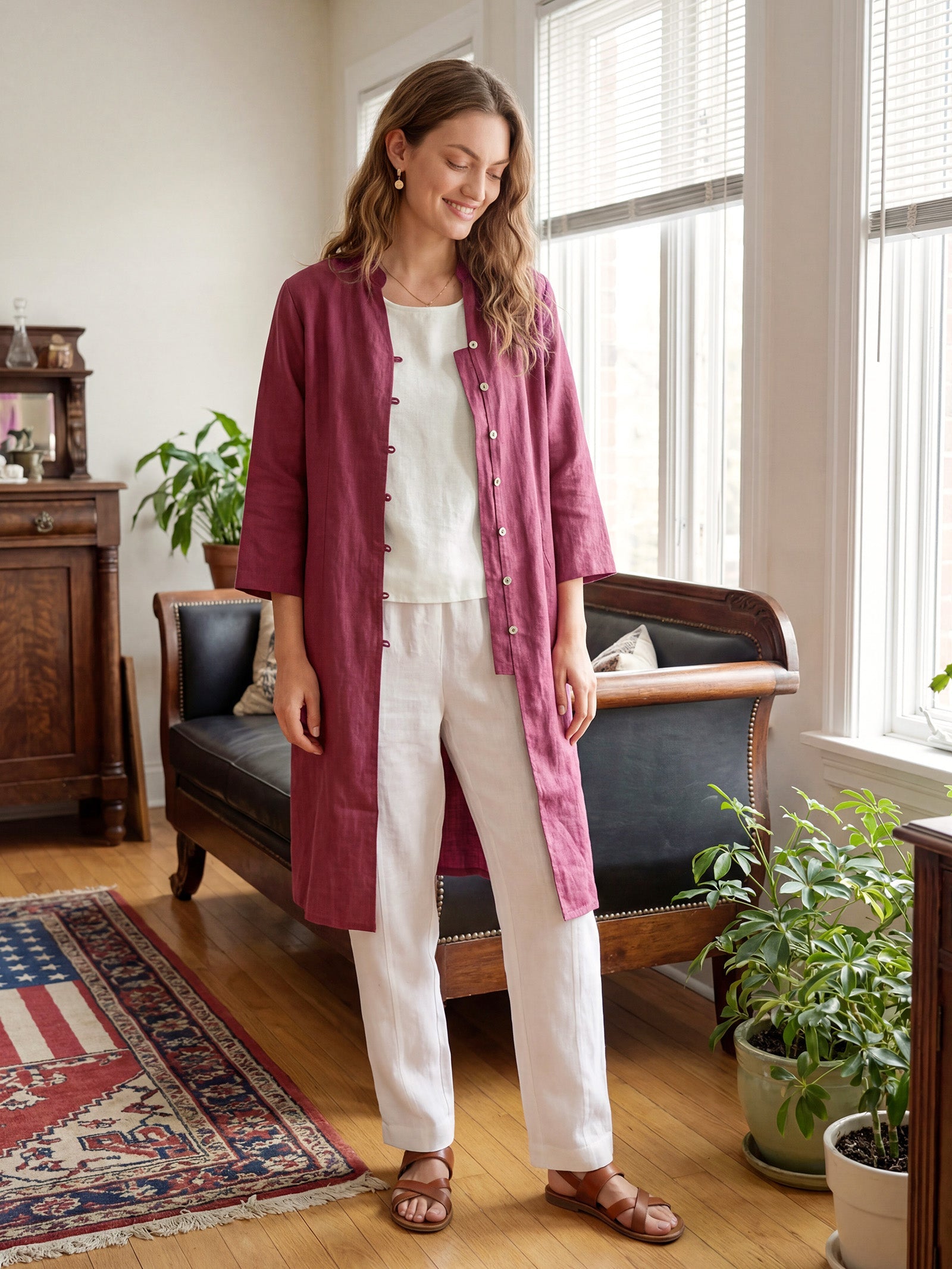 100% Linen Hand Button Long Top DILLON LINTICO