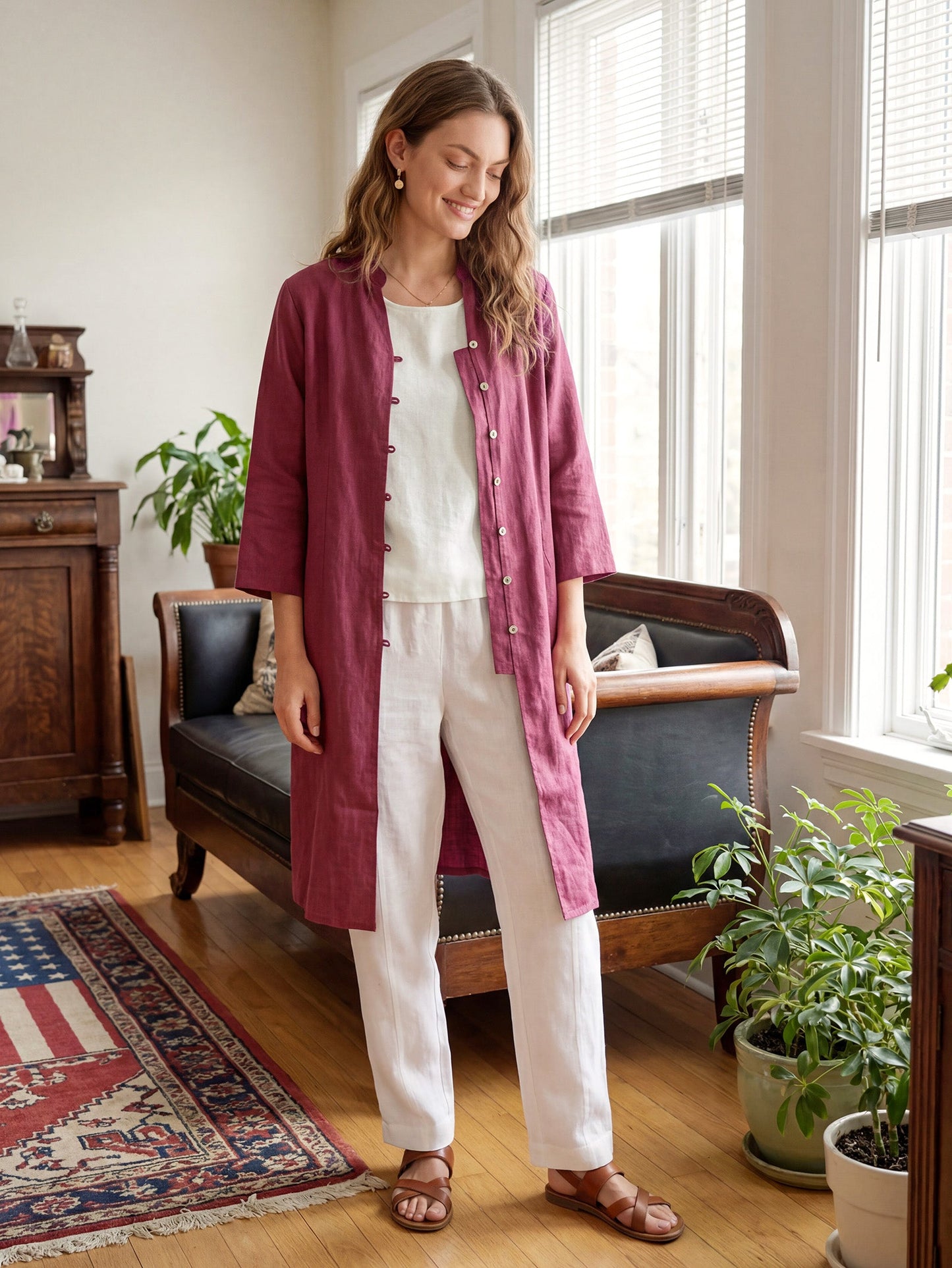 100% Linen Hand Button Long Top DILLON LINTICO