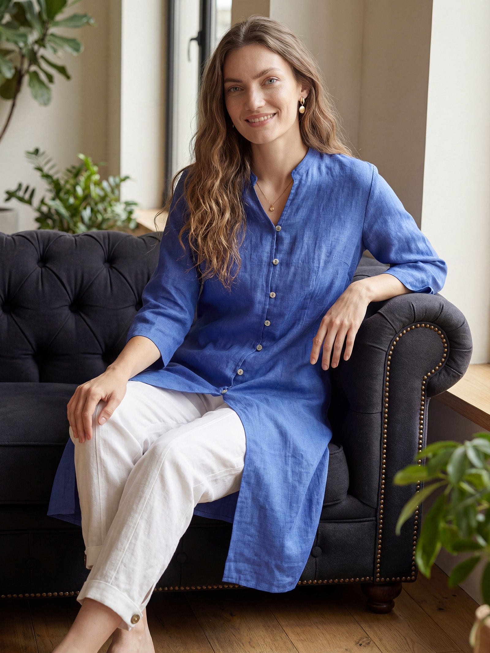 100% Linen Hand Button Long Top DILLON LINTICO