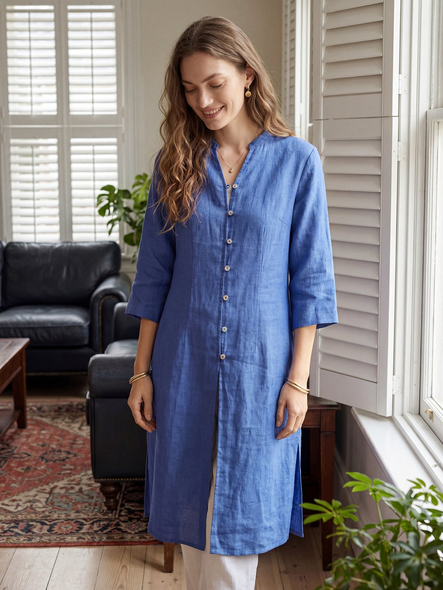 100% Linen Hand Button Long Top DILLON LINTICO