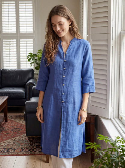 100% Linen Hand Button Long Top DILLON LINTICO