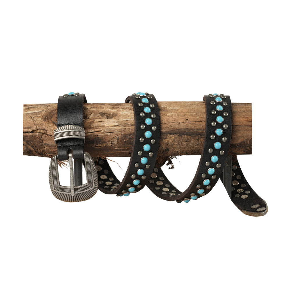 Midnight Ranger Western Leather Belt - Calfskin with Turquoise Stones Myra USA