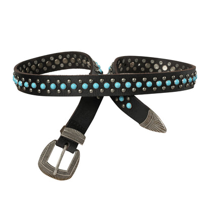 Midnight Ranger Western Leather Belt - Calfskin with Turquoise Stones Myra USA