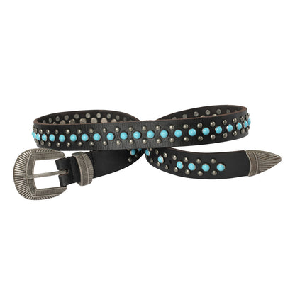 Midnight Ranger Western Leather Belt - Calfskin with Turquoise Stones Myra USA