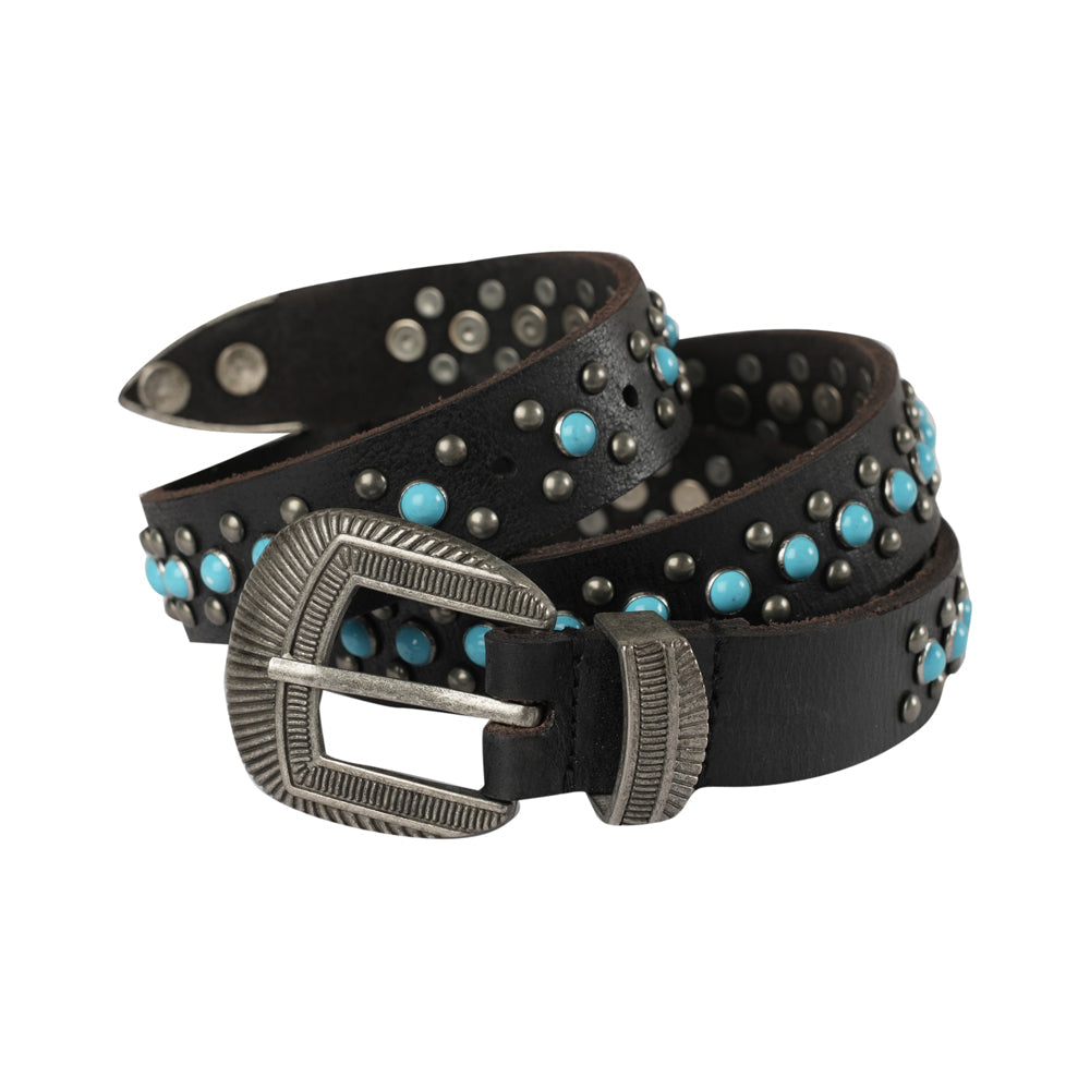 Midnight Ranger Western Leather Belt - Calfskin with Turquoise Stones Myra USA