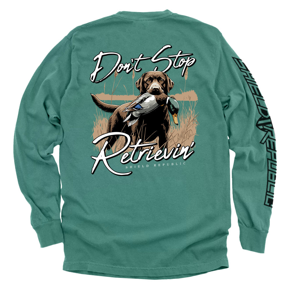 Don't Stop Retrievin' Chocolate Lab Shield Republic