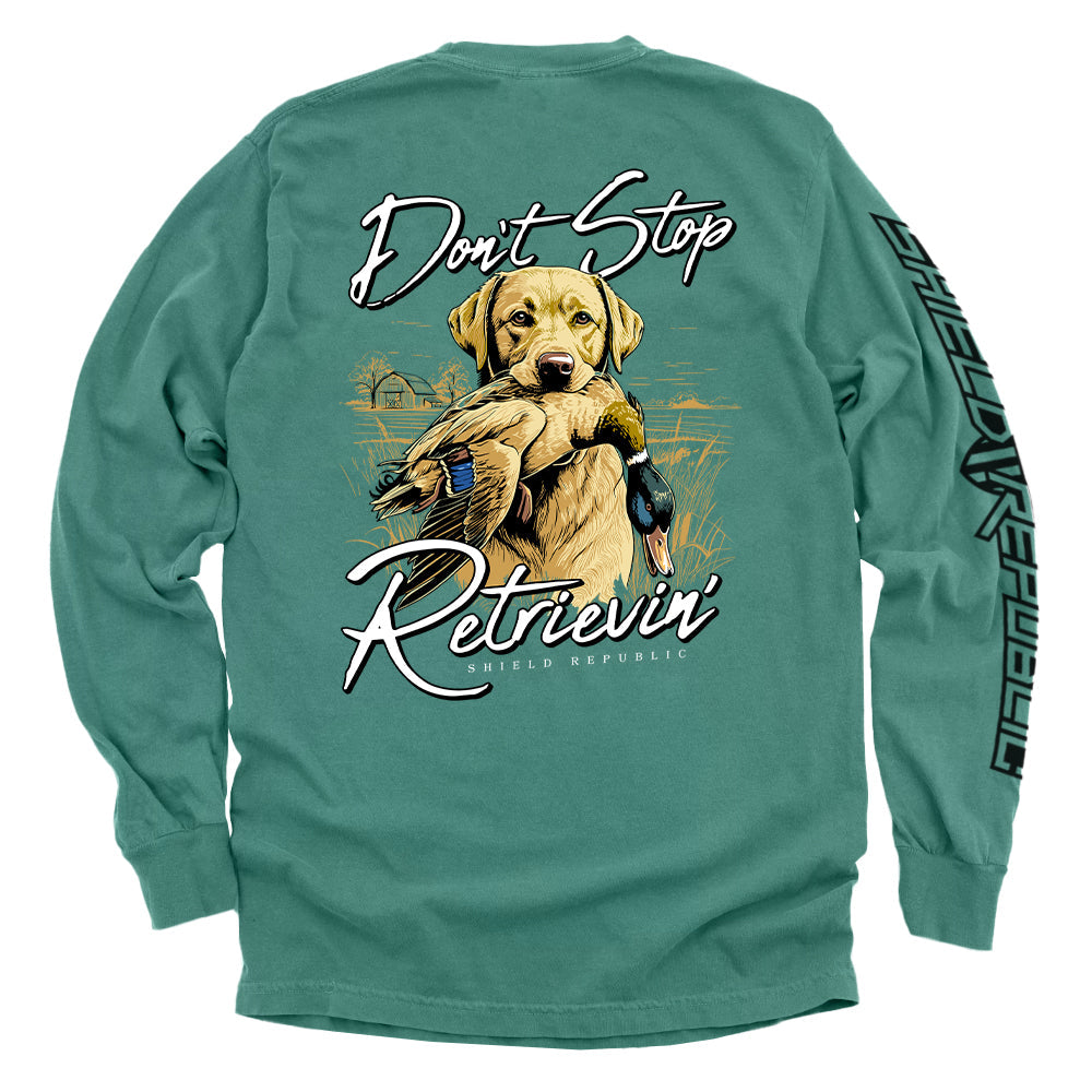 Don't Stop Retrievin Yellow Lab Shield Republic