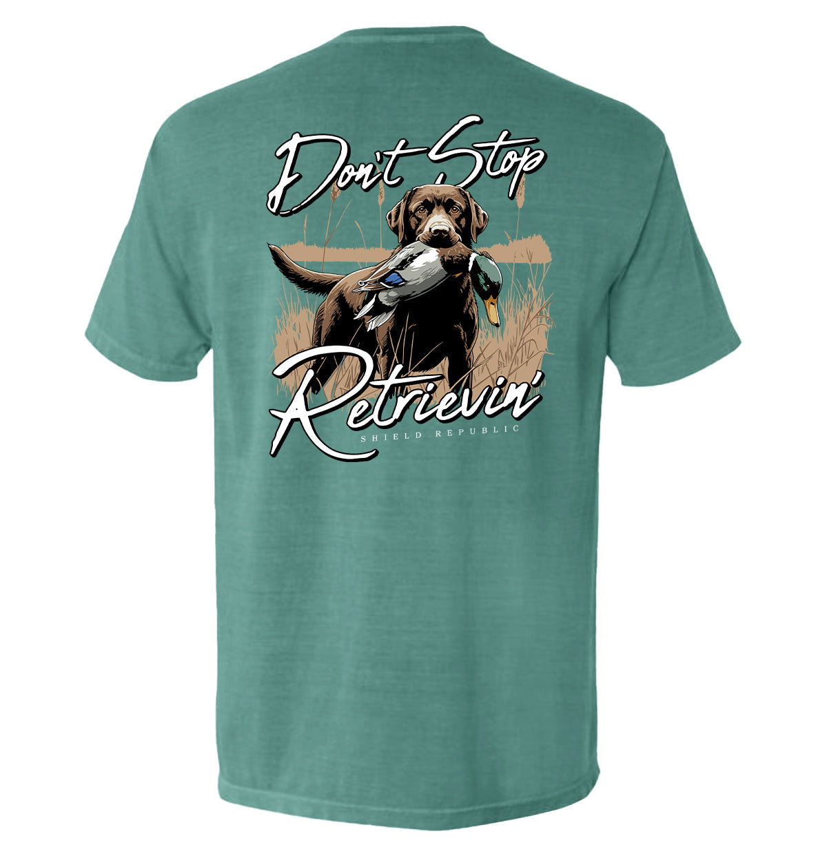 Don't Stop Retrievin' Chocolate Lab Shield Republic