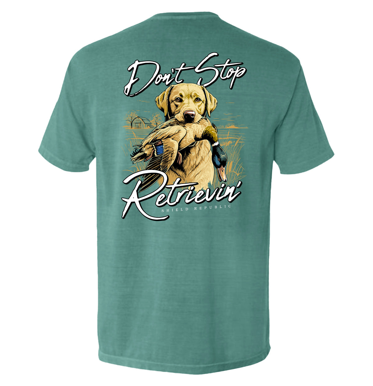Don't Stop Retrievin Yellow Lab Shield Republic