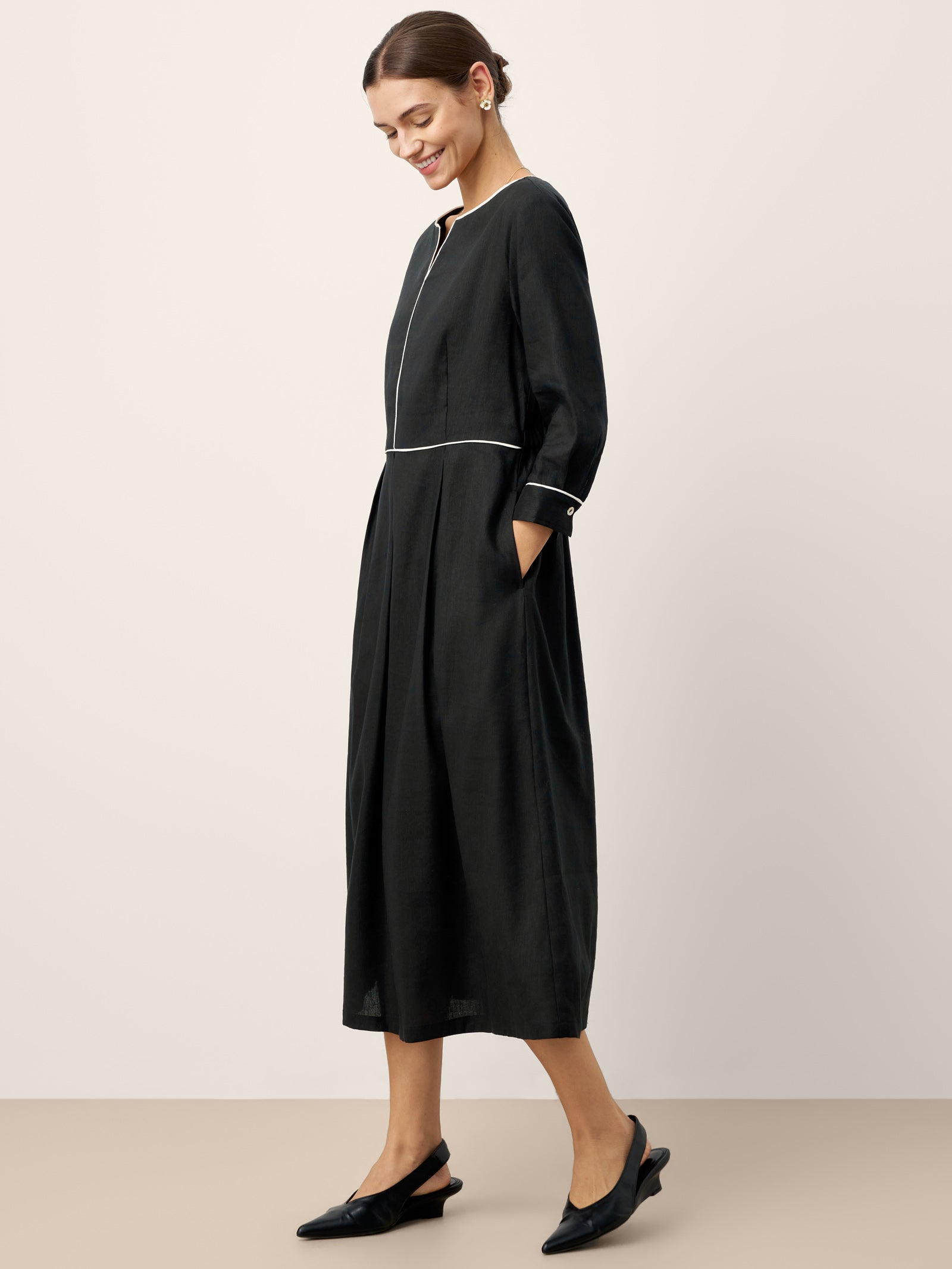 Linen-Lyocell Contrast Trim Gathered Maxi Dress NYX LINTICO