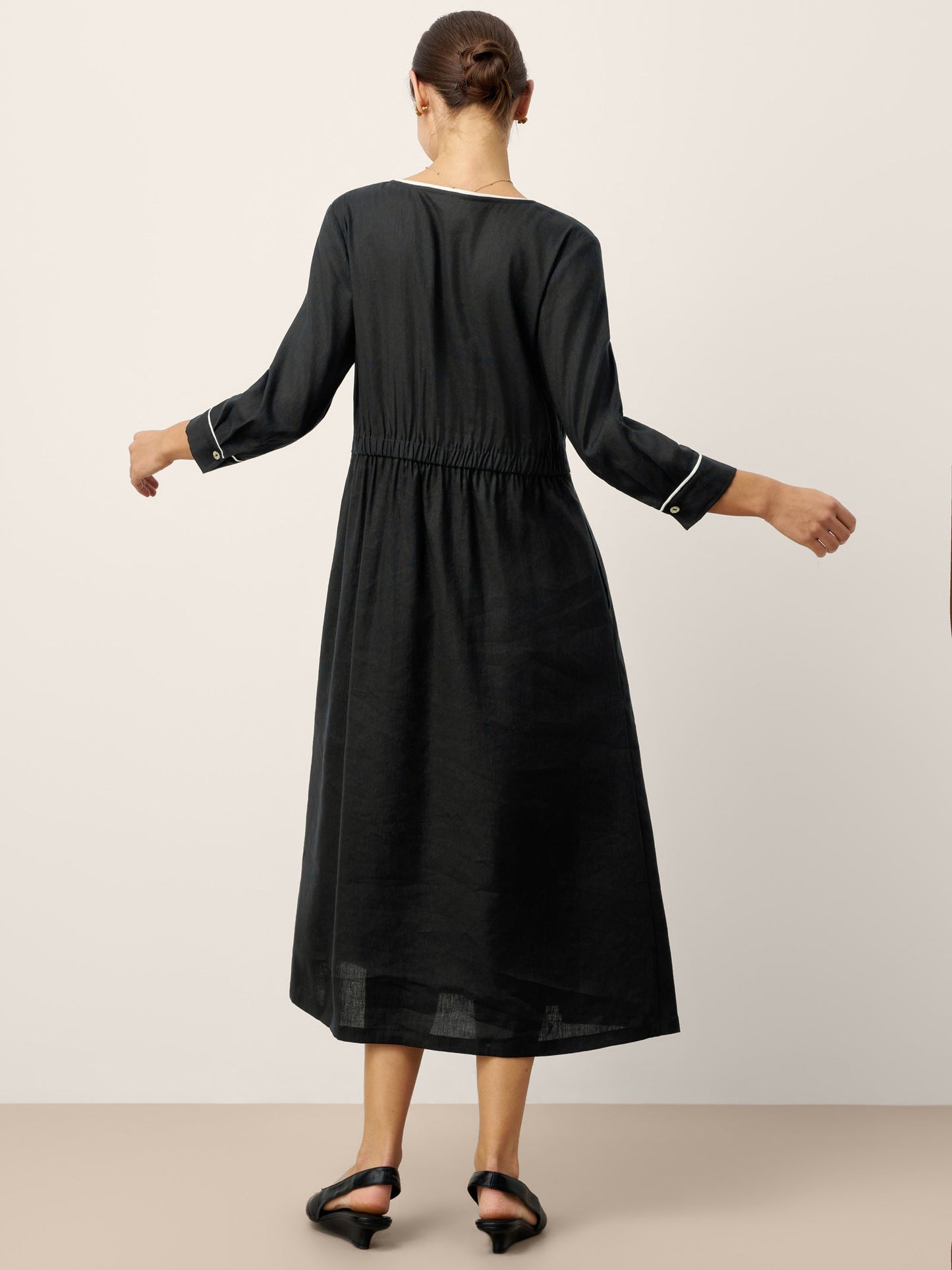 Linen-Lyocell Contrast Trim Gathered Maxi Dress NYX LINTICO