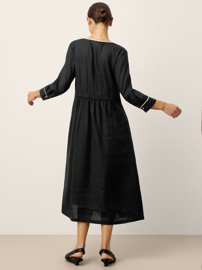Linen-Lyocell Contrast Trim Gathered Maxi Dress NYX LINTICO