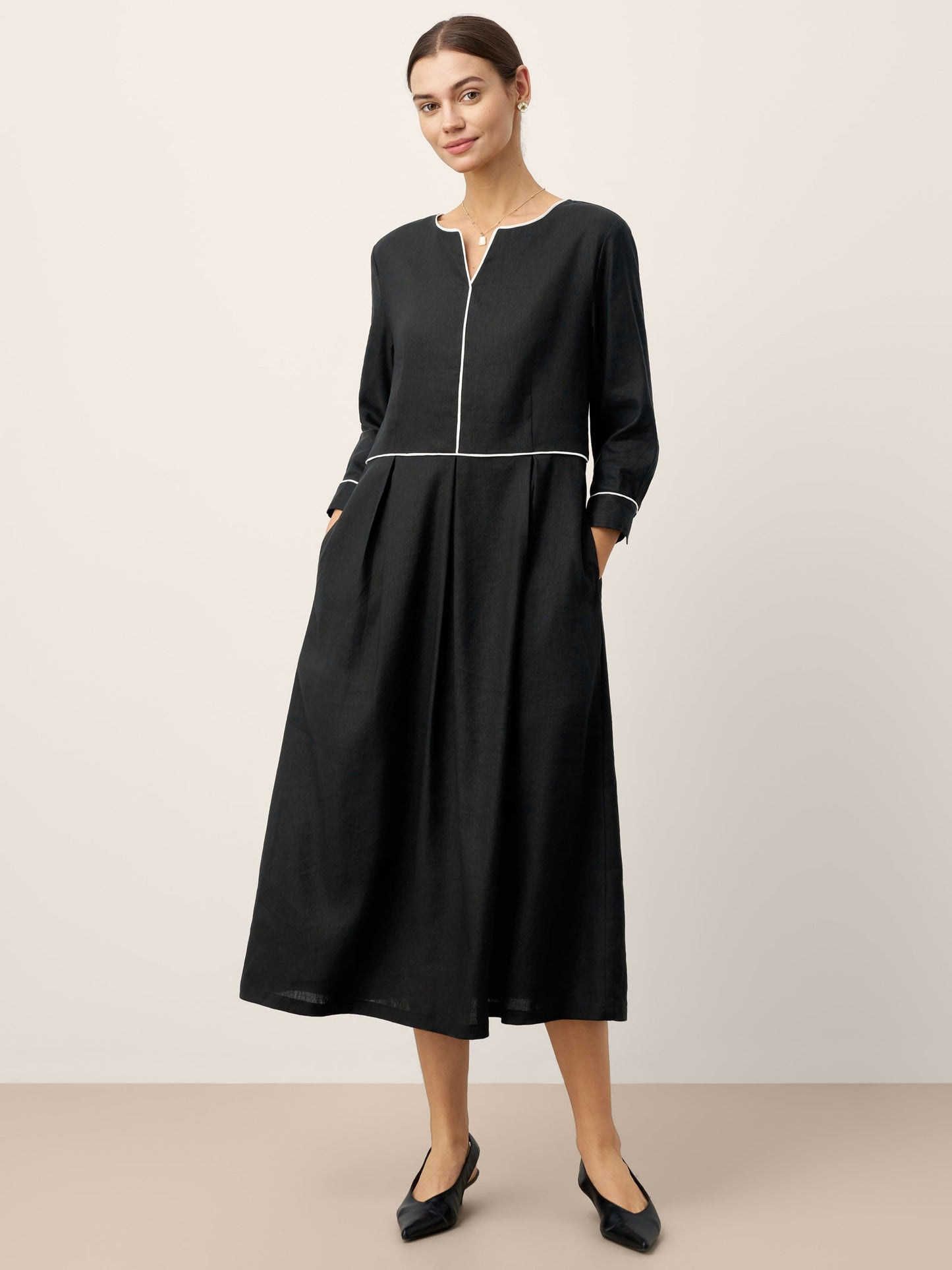 Linen-Lyocell Contrast Trim Gathered Maxi Dress NYX LINTICO