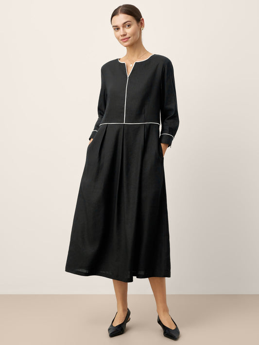 Linen-Lyocell Contrast Trim Gathered Maxi Dress NYX LINTICO