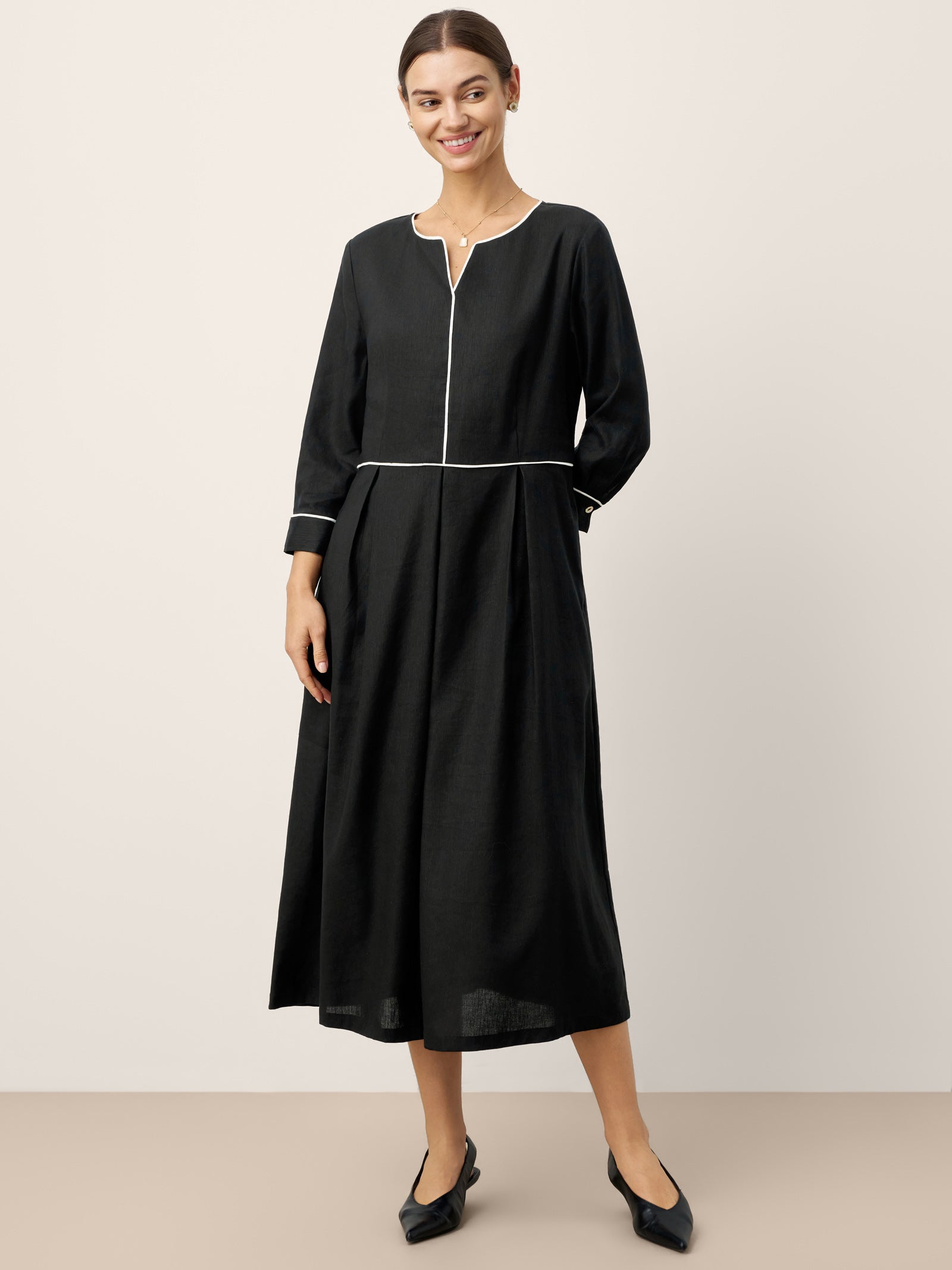 Linen-Lyocell Contrast Trim Gathered Maxi Dress NYX LINTICO