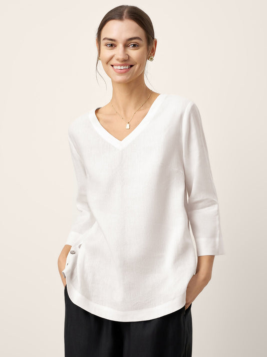 Linen-Lyocell V-Neck Button Detail Overtop ODETTE