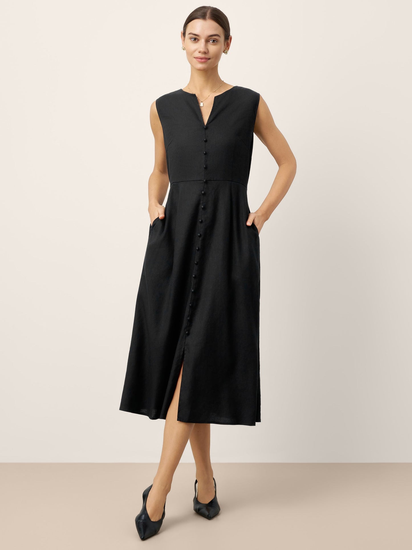 Linen-Lyocell V-Neck Sleeveless Maxi Dress WILLOW LINTICO