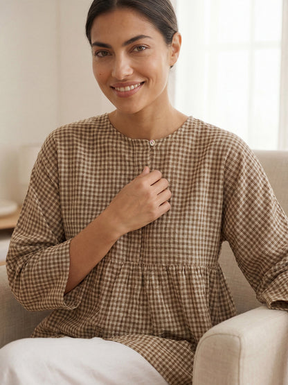 Linen Checked Long-Sleeved Top CAROLINE LINTICO