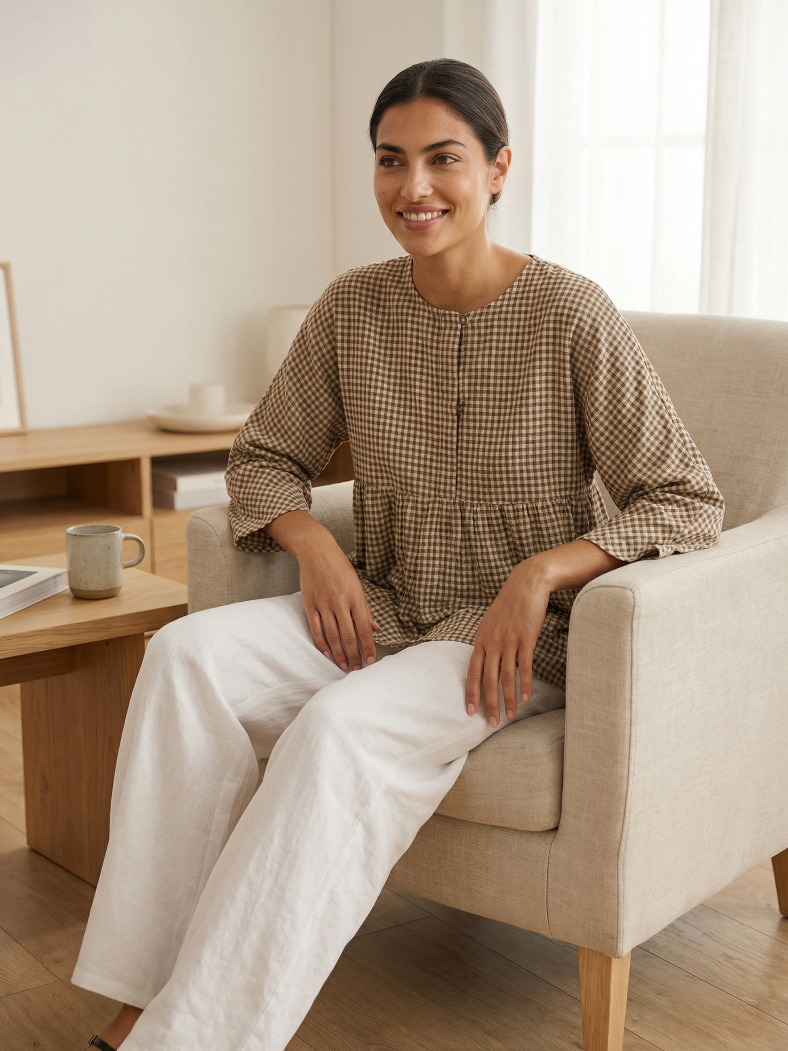Linen Checked Long-Sleeved Top CAROLINE LINTICO
