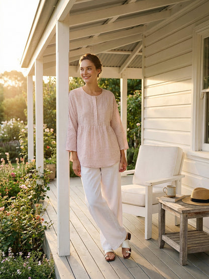 Linen Checked Long-Sleeved Top CAROLINE LINTICO