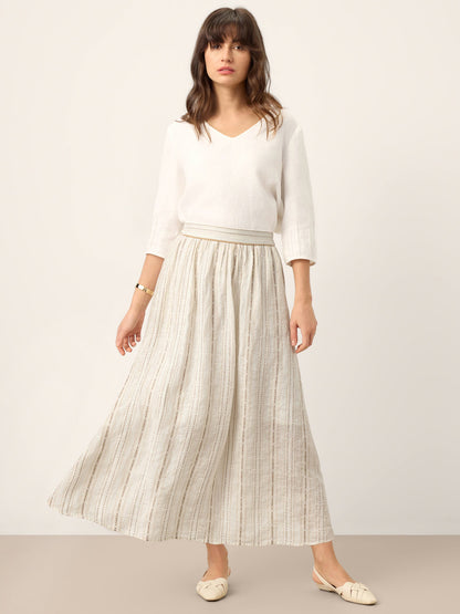 Linen Striped Contrast Trim A-Line Bohemian Skirt with Lining ISMERIE LINTICO