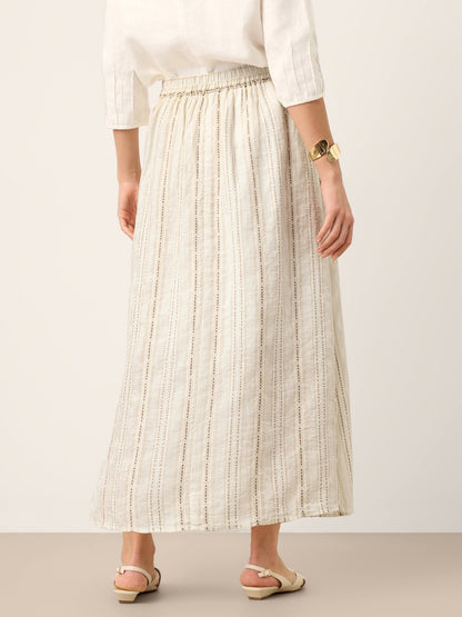 Linen Striped Contrast Trim A-Line Bohemian Skirt with Lining ISMERIE LINTICO