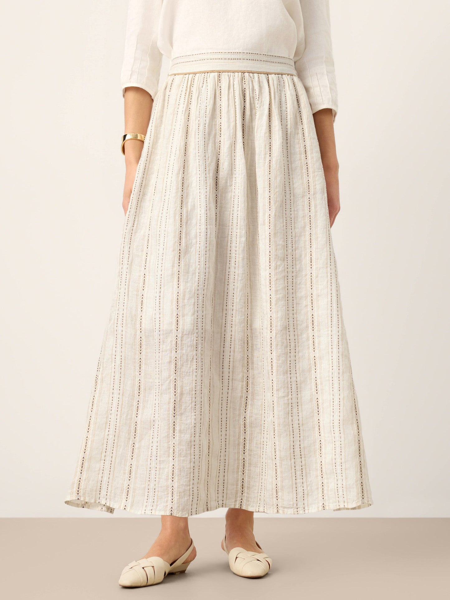Linen Striped Contrast Trim A-Line Bohemian Skirt with Lining ISMERIE LINTICO